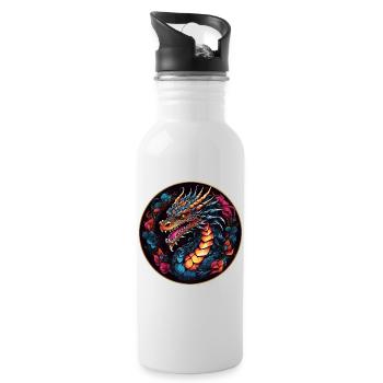 Bunter farbenfroher Drache Drachenportrait - Trinkflasche mit integriertem Trinkhalm - Weiß - Rechts
