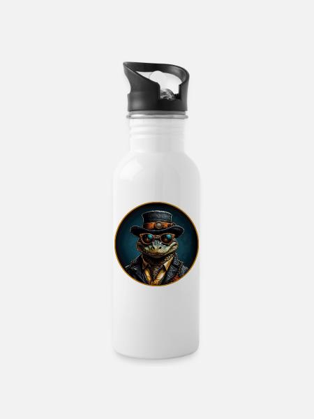 Cooler Alligator mit Hut, Sonnenbrille und Anzug - Trinkflasche mit integriertem Trinkhalm - Weiß