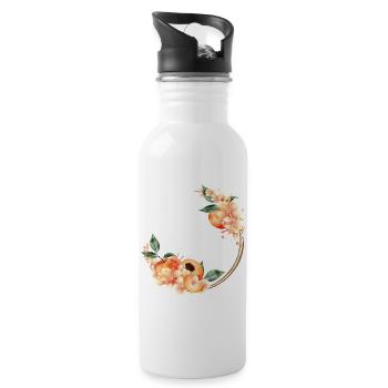 Peach half, peaches, peach blossoms in wreath - Water bottle with straw - white - Right