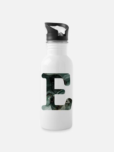 Grün marmorierter Buchstabe E - Trinkflasche mit integriertem Trinkhalm - Weiß