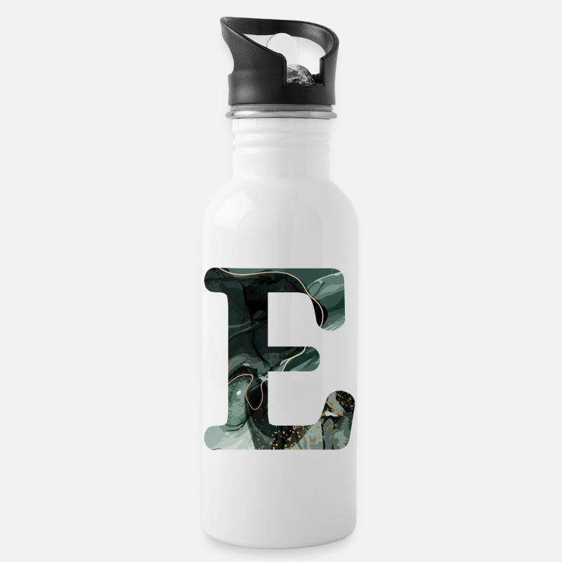 Grün marmorierter Buchstabe E - Trinkflasche mit integriertem Trinkhalm - Weiß