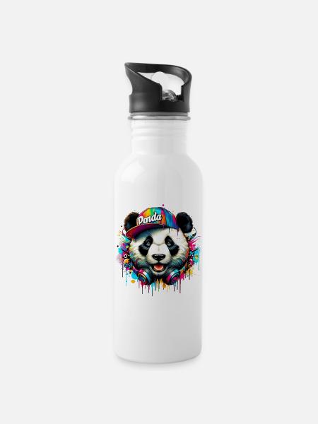 Panda DJ Deejay mit Kopfhörern hört Musik - Trinkflasche mit integriertem Trinkhalm - Weiß