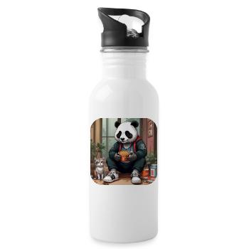 Cool Panda with Cat - Water bottle with straw - white - Right