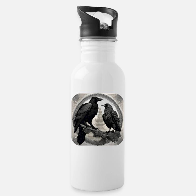 Wikinger Raben Hugin und Munin - Trinkflasche mit integriertem Trinkhalm - Weiß