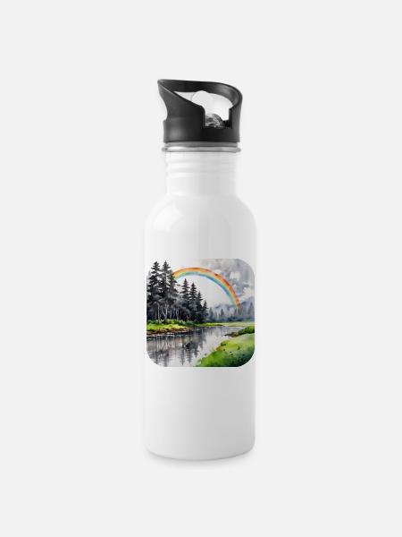 Landschaft mit Regenbogen - Trinkflasche mit integriertem Trinkhalm - Weiß