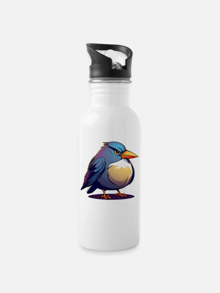 Kleiner grimmiger dicker Vogel - Trinkflasche mit integriertem Trinkhalm - Weiß