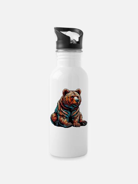 Bear - Water bottle with straw - white