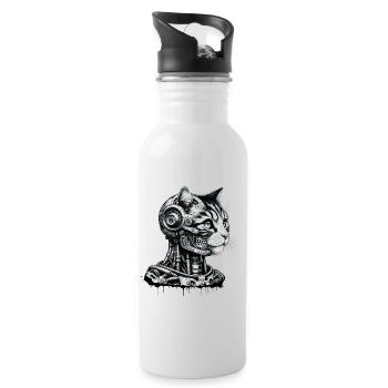 Katzenkopf gestaltet als Roboter im Retro-Look - Trinkflasche mit integriertem Trinkhalm - Weiß - Rechts