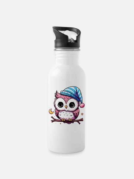 Eule - Trinkflasche mit integriertem Trinkhalm - Weiß