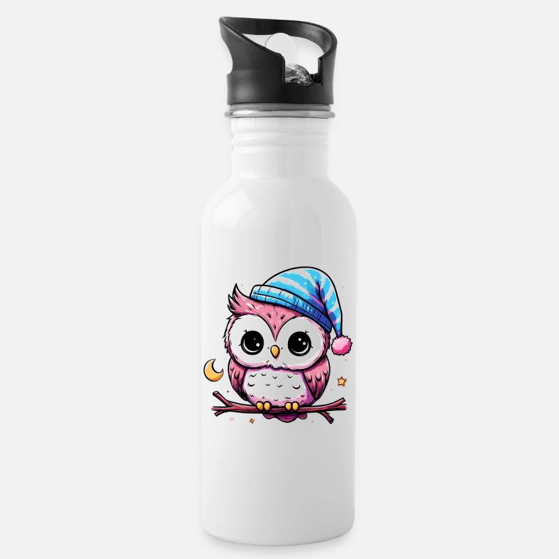 Eule - Trinkflasche mit integriertem Trinkhalm - Weiß