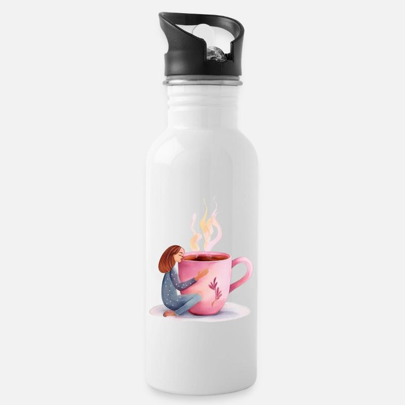Gemütlicher Morgen: Frau umarmt rosa Kaffeetasse - Trinkflasche mit integriertem Trinkhalm - Weiß
