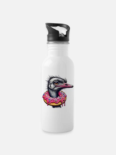 witziger Augenschmaus - Vogel Strauß mit Donut - Trinkflasche mit integriertem Trinkhalm - Weiß