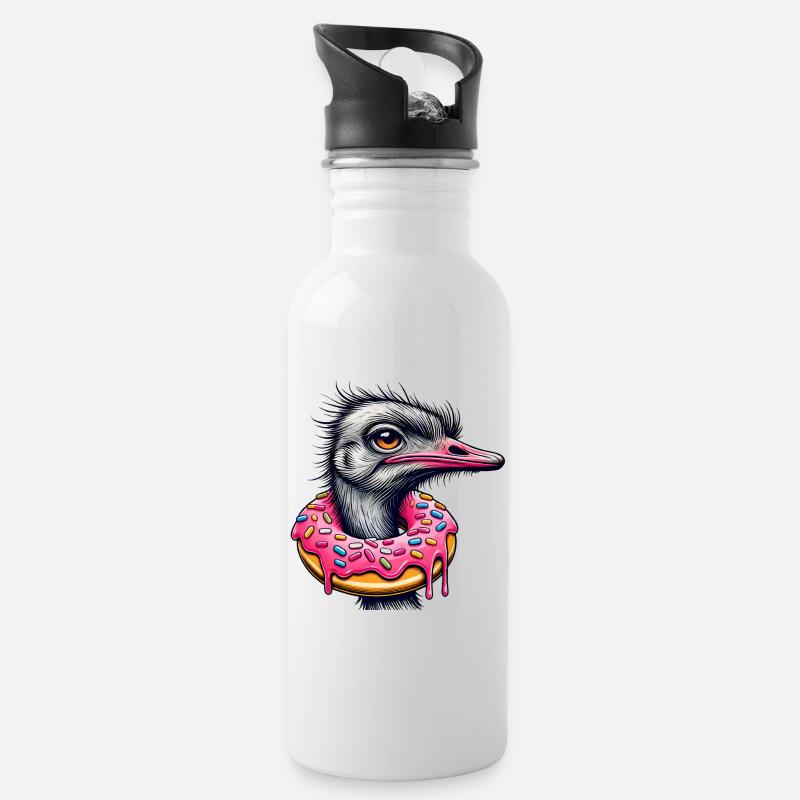 witziger Augenschmaus - Vogel Strauß mit Donut - Trinkflasche mit integriertem Trinkhalm - Weiß