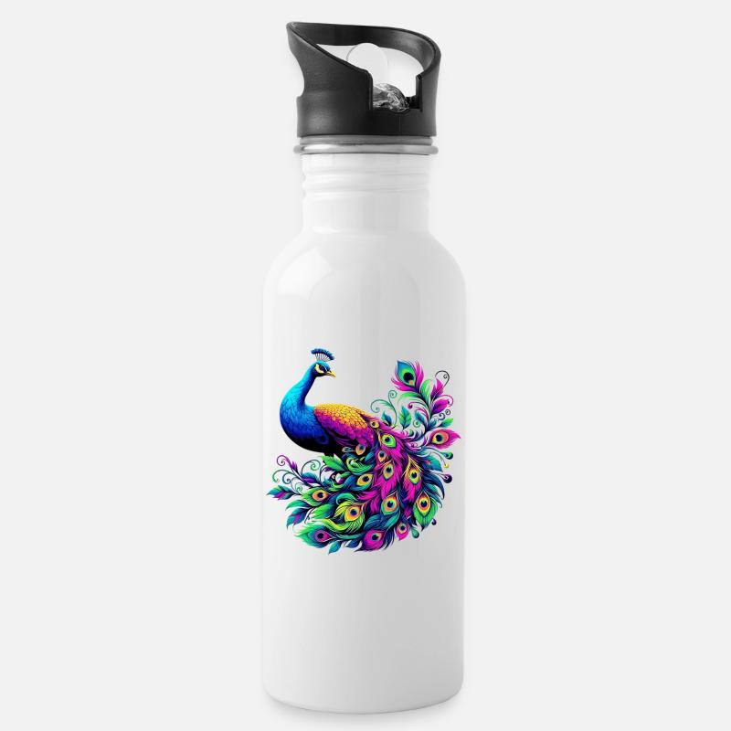 Pfau - Trinkflasche mit integriertem Trinkhalm - Weiß