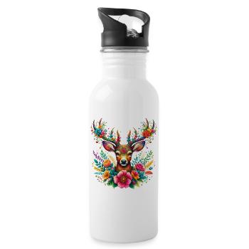 Hirsch mit Blumen geschmückt - Trinkflasche mit integriertem Trinkhalm - Weiß - Rechts