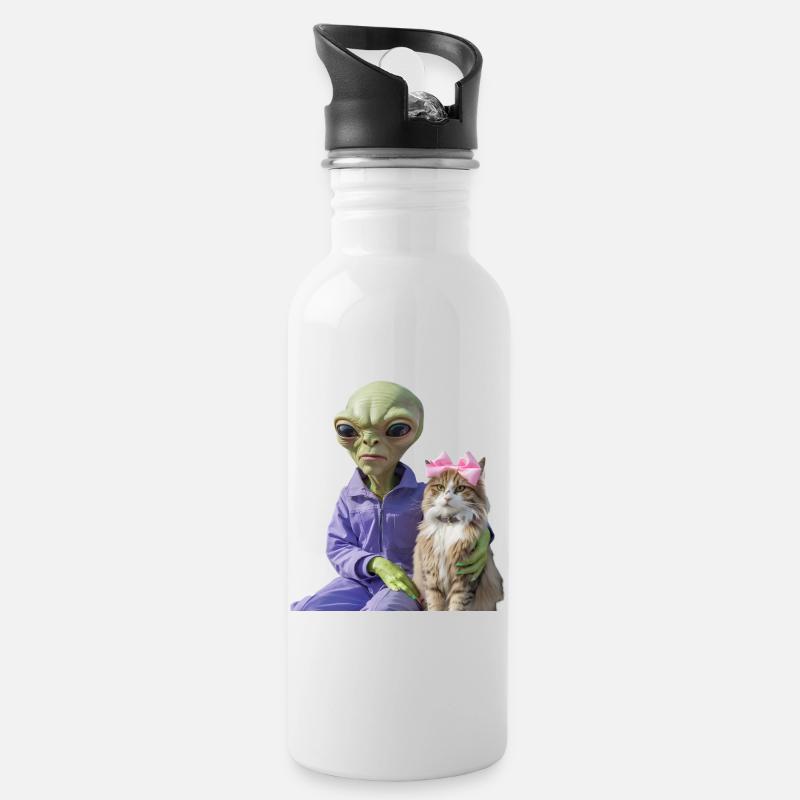 Alien und Katze – Galaktische Liebe - Trinkflasche mit integriertem Trinkhalm - Weiß