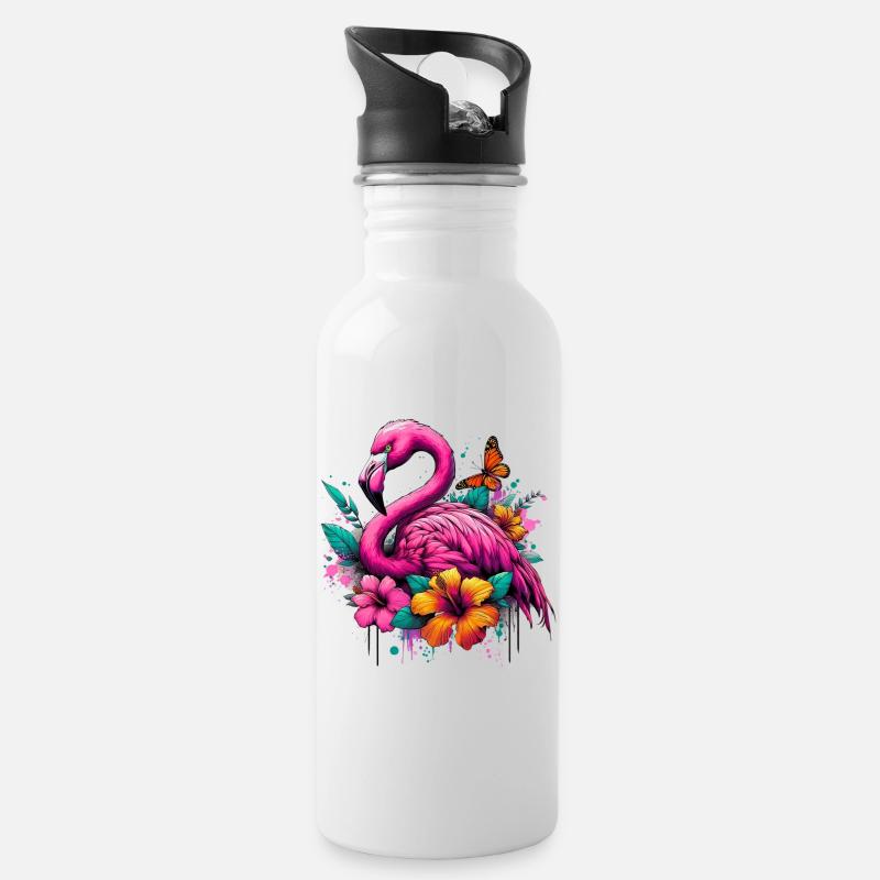 Flamingo - Trinkflasche mit integriertem Trinkhalm - Weiß