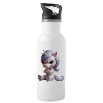 Einhorn grimmig 1 - Trinkflasche mit integriertem Trinkhalm - Weiß - Rechts