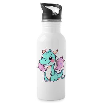 Dragon de dessin animé souriant avec des ailes violettes - Gourde avec paille intégrée - blanc - Droite