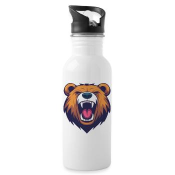 Cartoon Bear Head Roaring - Bold and Playful - Water bottle with straw - white - Right