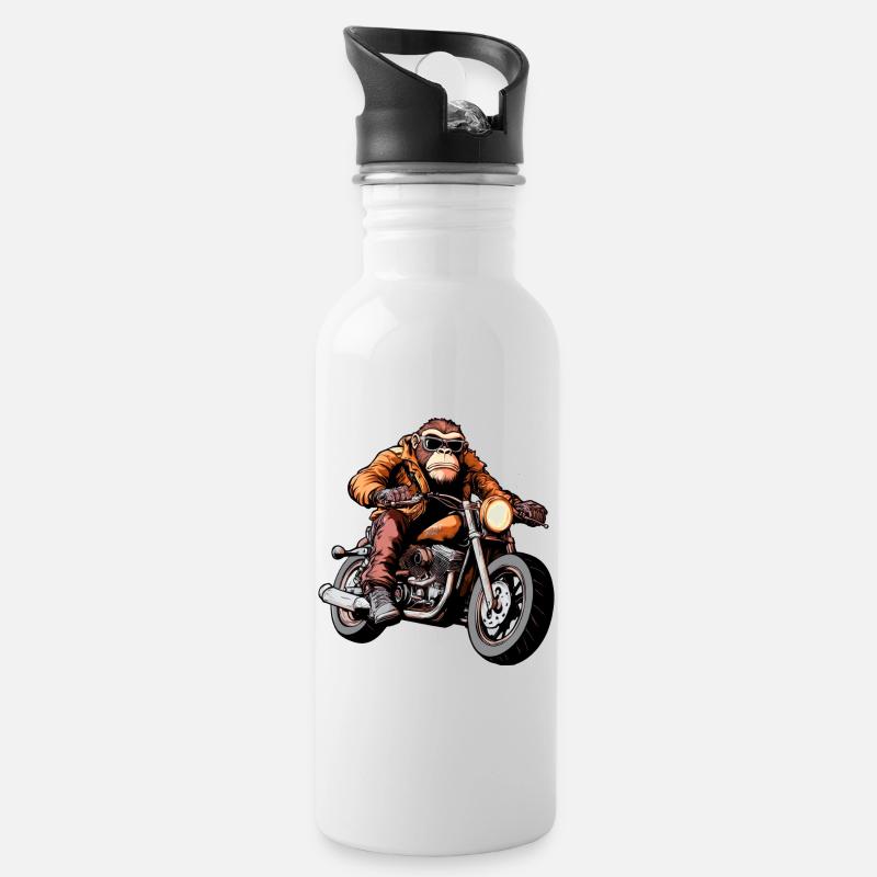 Affen Motorradfahrer / Motorrad Affe - Trinkflasche mit integriertem Trinkhalm - Weiß
