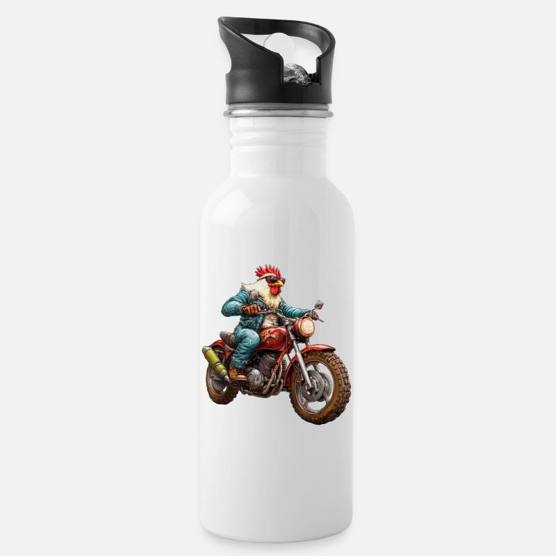 Hühner Motorrad - Trinkflasche mit integriertem Trinkhalm - Weiß