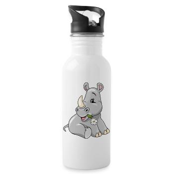 Cute shy baby rhino with chamomile - Water bottle with straw - white - Right