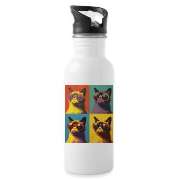 Coole Pop-Art Grump Katze mit Sonnenbrille - Trinkflasche mit integriertem Trinkhalm - Weiß - Rechts