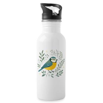 Blaumeise und Blüten - Trinkflasche mit integriertem Trinkhalm - Weiß - Rechts