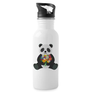 Panda with Bouquet of Flowers – Loving Animal Motif - Water bottle with straw - white - Right