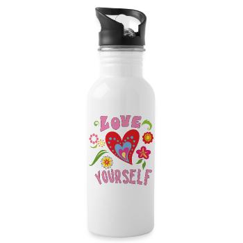 Love Yourself Herz mit kleinen Blüten - Trinkflasche mit integriertem Trinkhalm - Weiß - Rechts