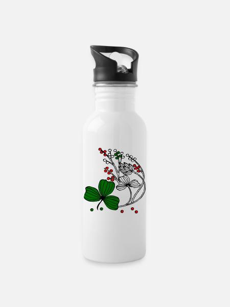Wildblumen mit roten und grünen Beeren - Trinkflasche mit integriertem Trinkhalm - Weiß