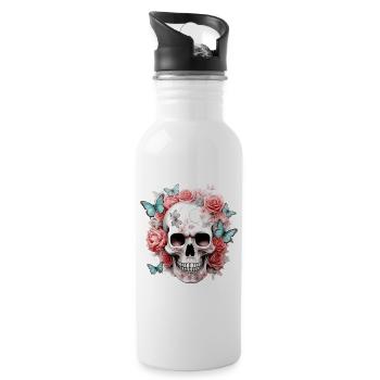 Skull Skull Roses Flowers Butterflies - Water bottle with straw - white - Right