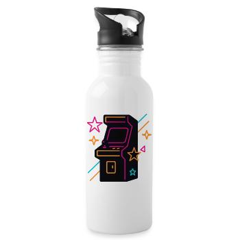 Retro neon arcade game design - Water bottle with straw - white - Right