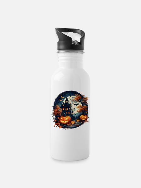 Halloween - Spukhaus & Kürbisse - Trinkflasche mit integriertem Trinkhalm - Weiß