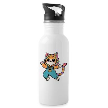 Regenbogenkatze Frieden und Liebe - Trinkflasche mit integriertem Trinkhalm - Weiß - Rechts