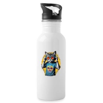 Neon Cat DJ Vibe Tee - Water bottle with straw - white - Right
