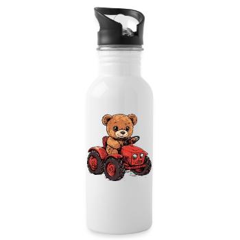 Teddybär auf rotem Traktor - Trinkflasche mit integriertem Trinkhalm - Weiß - Rechts