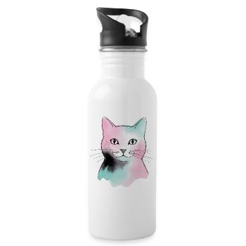 Pastellkatze Wasserfarben - Trinkflasche mit integriertem Trinkhalm - Weiß - Rechts