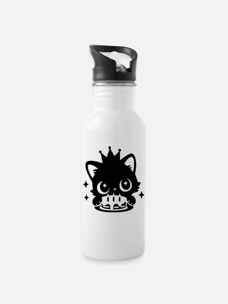 Birthday Cat with Crown | Cute Party Motif - Water bottle with straw - white