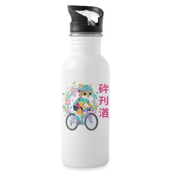 Neon-Katzenradfahrer mit Blüten - Trinkflasche mit integriertem Trinkhalm - Weiß - Rechts