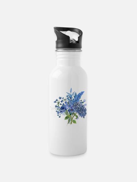 Watercolor Bouquet Blue / Floral Floral Design - Water bottle with straw - white