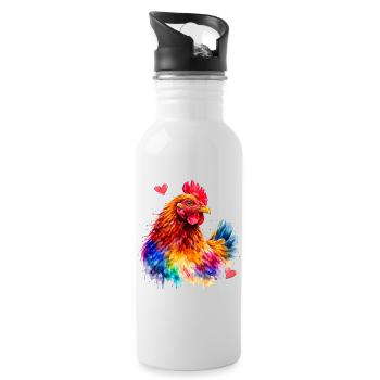 Rainbow Rooster Watercolor - Water bottle with straw - white - Right