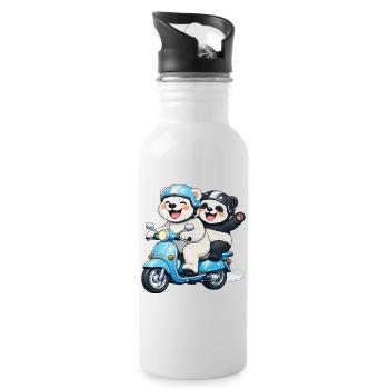 Polar Bear and Panda Bear on a Scooter - Water bottle with straw - white - Right