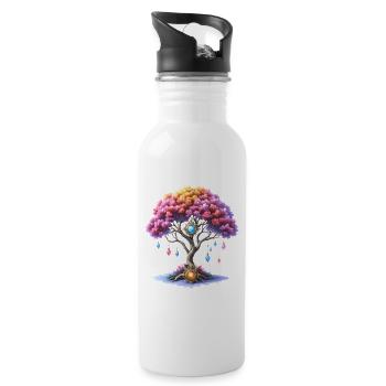 Tree of Gems and Colorful Flowers - Water bottle with straw - white - Right