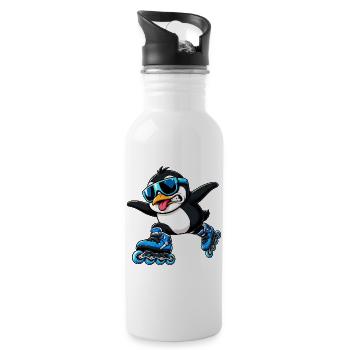 Cooler Pinguin Inline Skater Lustig Comic - Trinkflasche mit integriertem Trinkhalm - Weiß - Rechts