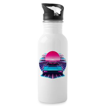 Neon Synthwave Car at Sunset - Water bottle with straw - white - Right