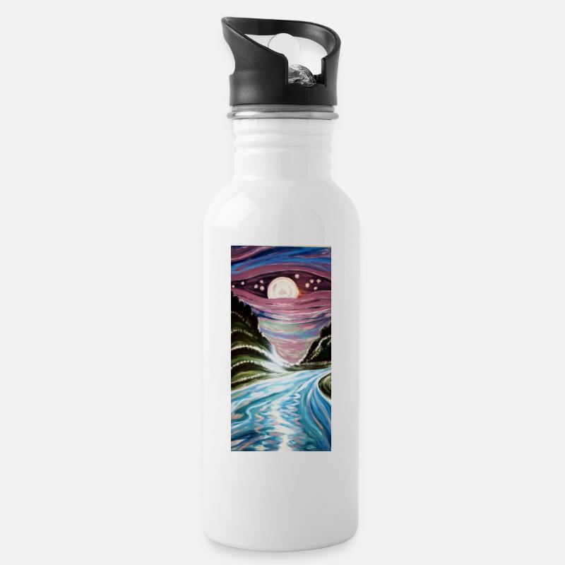 Fluss im Mondschein - Trinkflasche mit integriertem Trinkhalm - Weiß