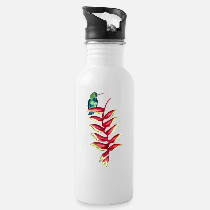Aquarell-Klein-COLIBRI auf HELICONIA - Trinkflasche mit integriertem Trinkhalm - Weiß