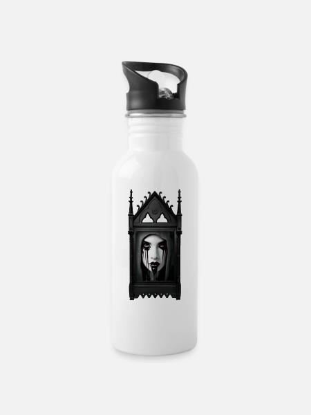 Porzellanfrau und Gothic-Rahmen - Trinkflasche mit integriertem Trinkhalm - Weiß